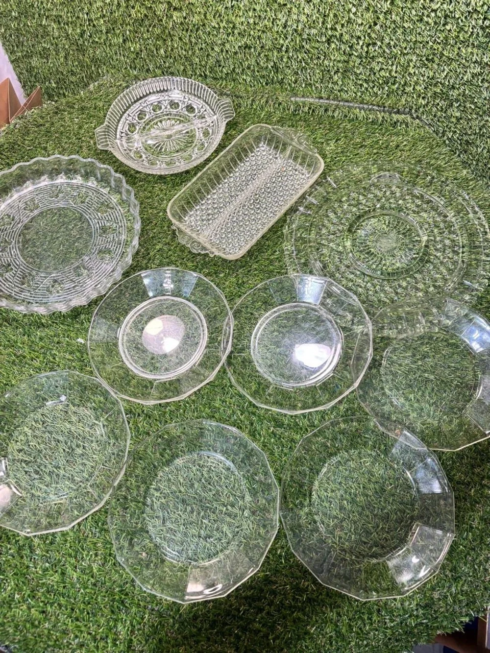 Vintage Clear Glass Serving Lot 10 Pc Plates Relish Tray Pie Plate Bubble USA
